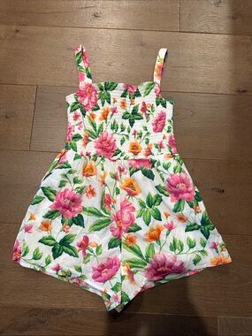 Janie and Jack White Floral Smocked Romper with Pink & Orange Flowers